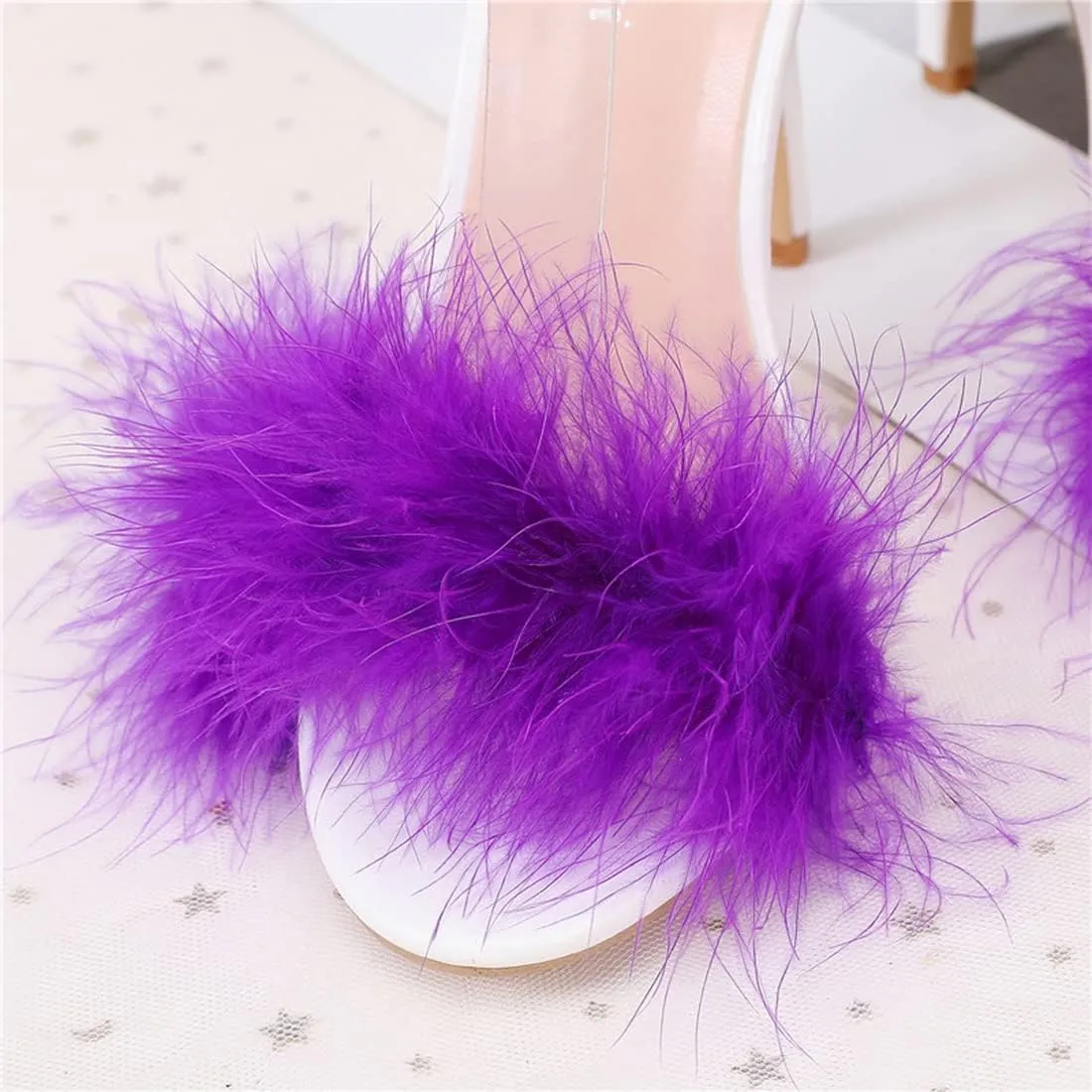 YIBLBOX Women's Open Toe Sandal Fluffy Feather Ankle Strap High Heel Shoes with Rhinestone