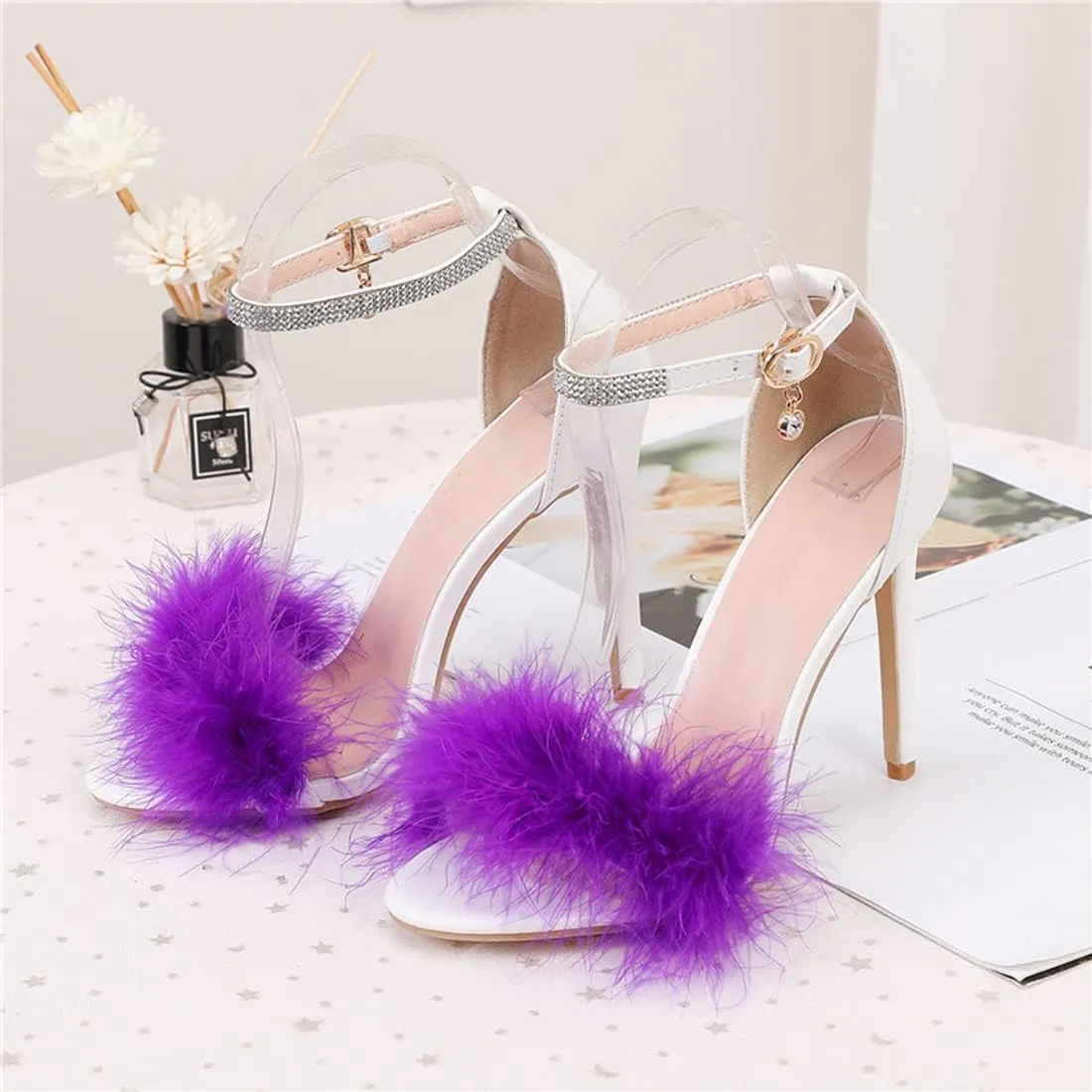 YIBLBOX Women's Open Toe Sandal Fluffy Feather Ankle Strap High Heel Shoes with Rhinestone