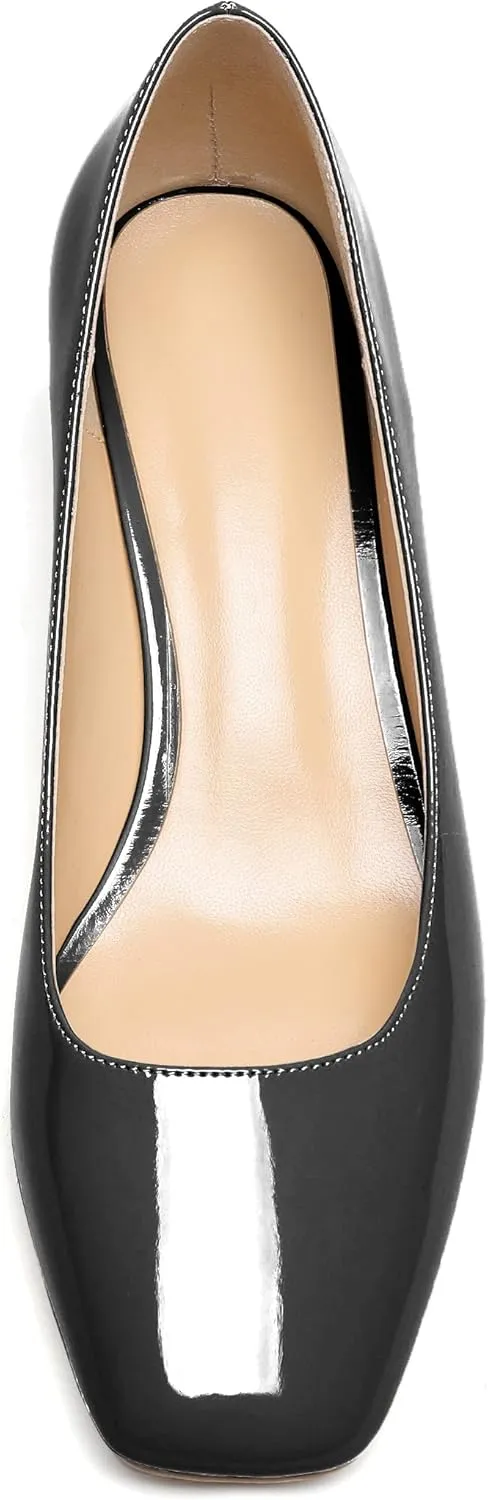 YODEKS Women's Low Block Chunky Heel Pumps Square Toe Slip on Closed Toe Dress Pump Shoes 2 Inch for Work Office Casual Daily Life Party Ladies Dress