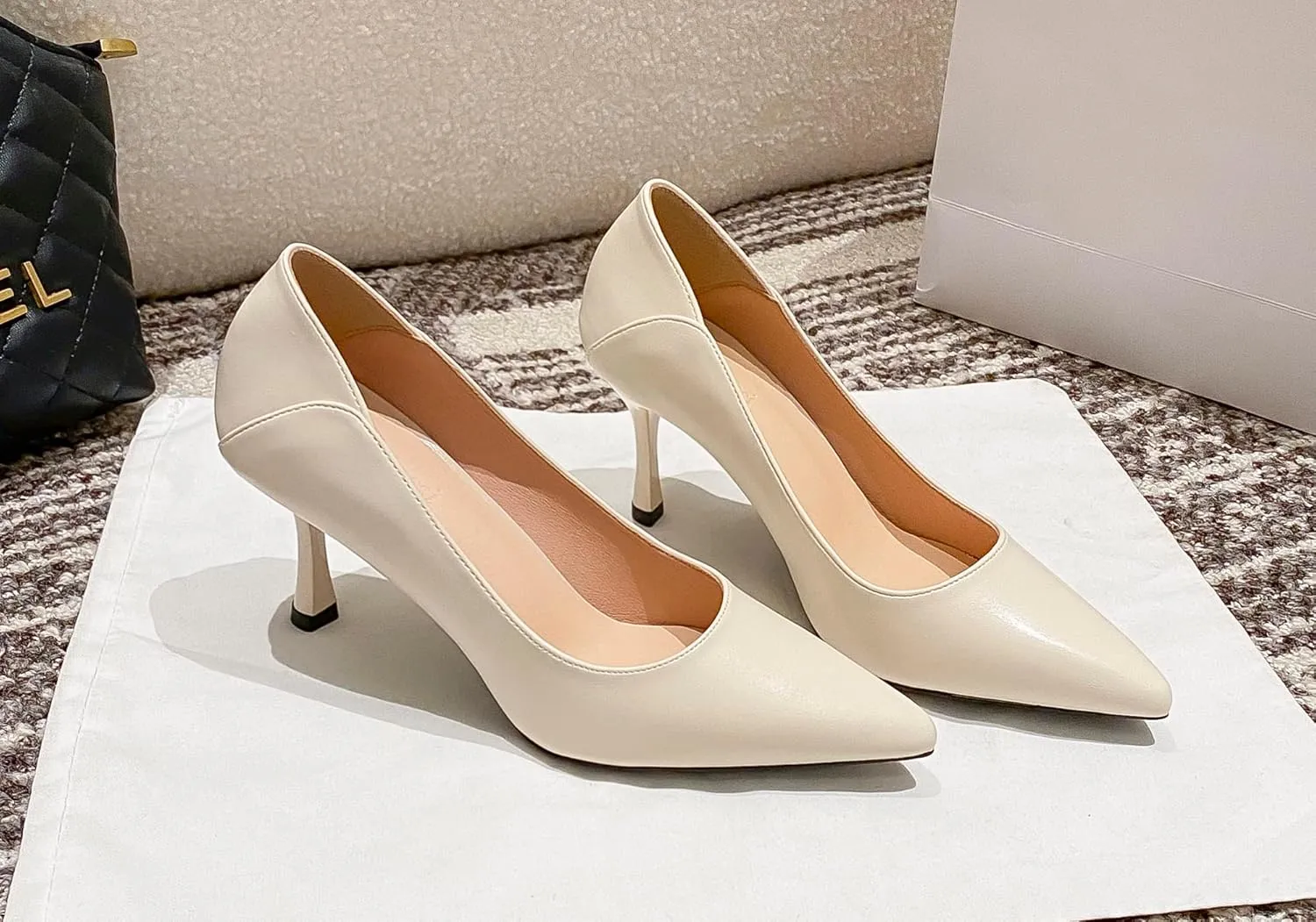 YooPrettyz Women Polished Leather Office Pumps Pointed Toe Kitten Heels Dressy Pumps Shoes Foldable Back Heels