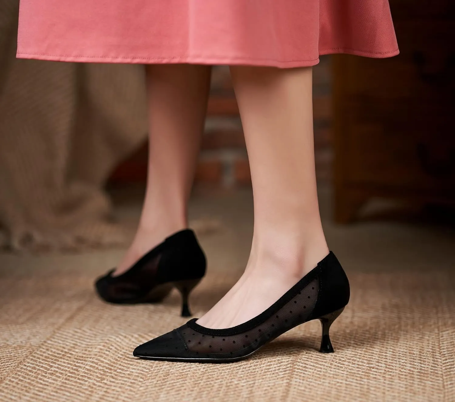 YooPrettyz Women See Through Mesh Sexy High Heels Formal Dressy Pump Shoes Pointed Toe Office Kitten Heels
