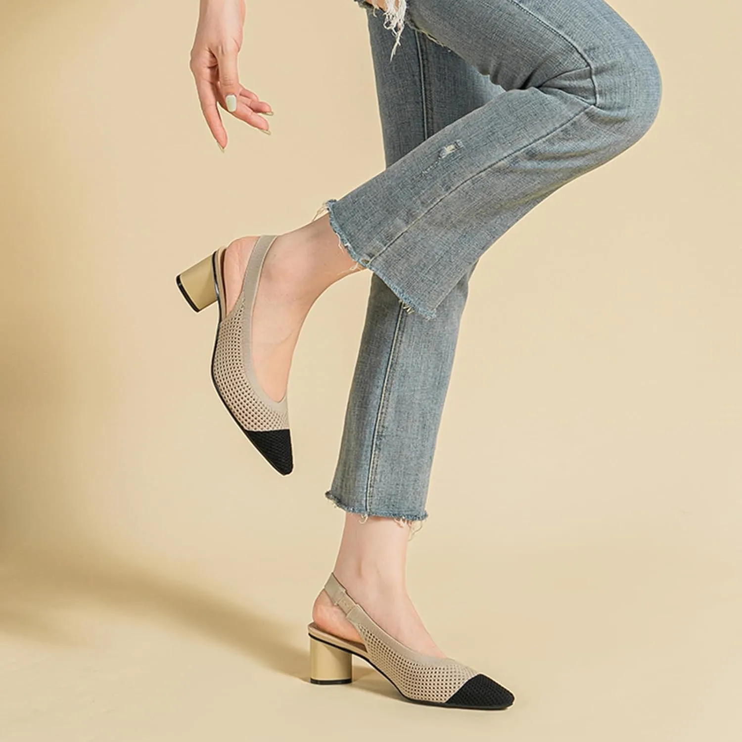 youngshow Pointed Toe Women Pumps, Comfort Slingback Heels with Arch Support, Cute Kitten Heels with Ankle Strap for Womens, Walking Office, Black