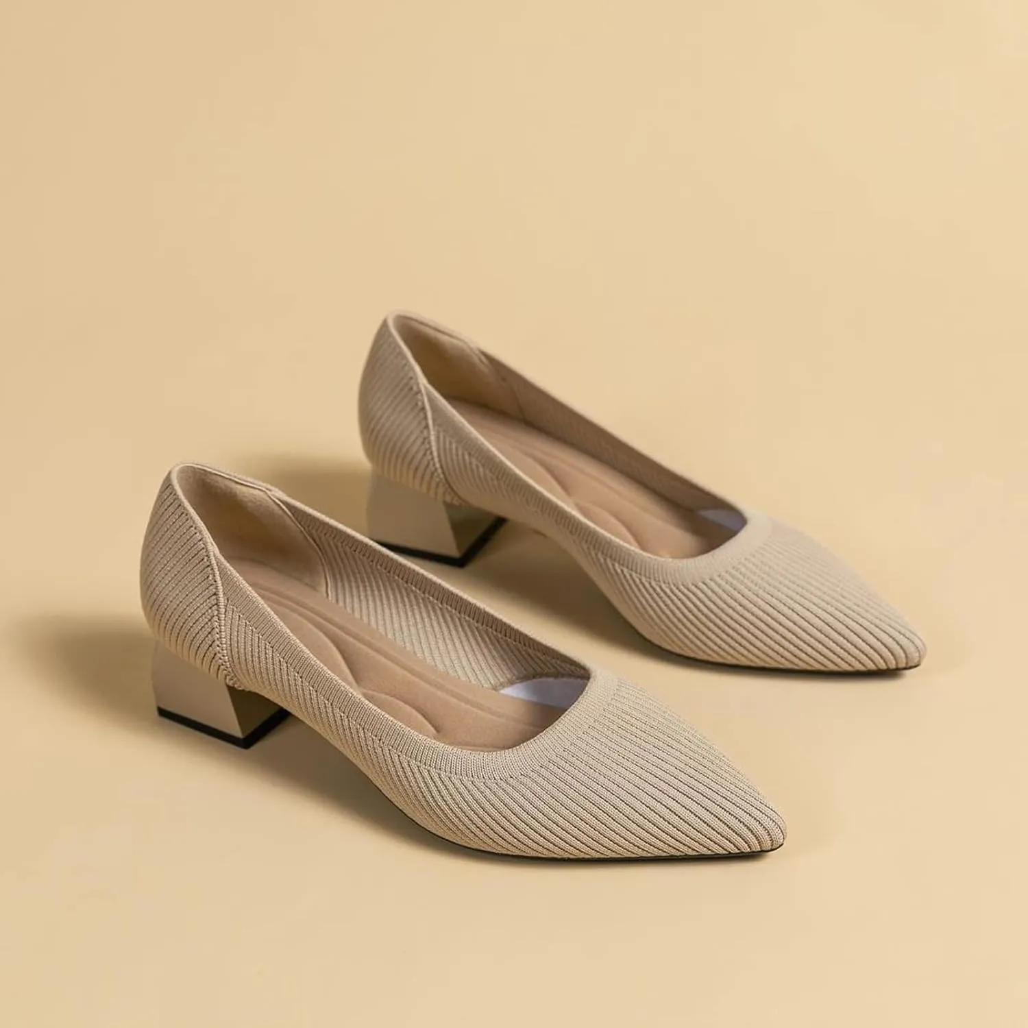 youngshow Women's Pumps Kitten Heels Pointed Toe Knit Slip On Comfortable Casual Formal Dress Shoes