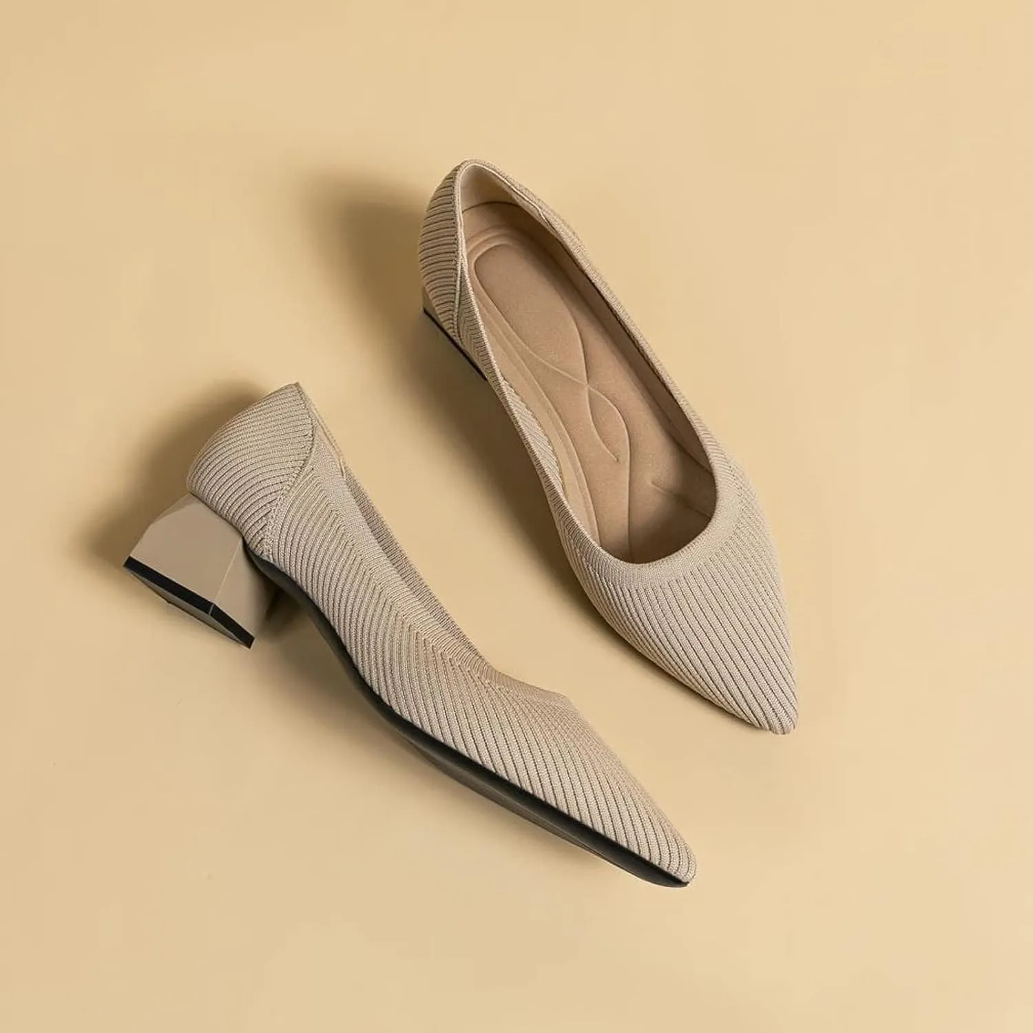 youngshow Women's Pumps Kitten Heels Pointed Toe Knit Slip On Comfortable Casual Formal Dress Shoes