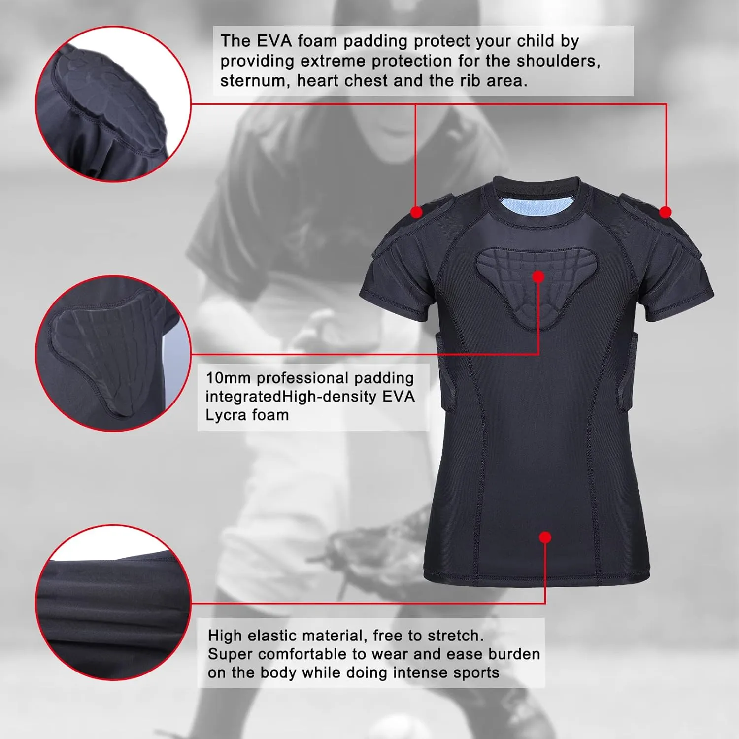 Youth Kids Padded Football Rib Protector, Boys Girls Rib Chest Guard Shirt for Rugby Baseball Soccer Basketball