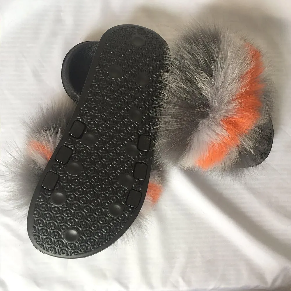 Yu Li Women Real Fox Fur Feather Vegan Leather Open Toe Single Strap Slip On Sandal