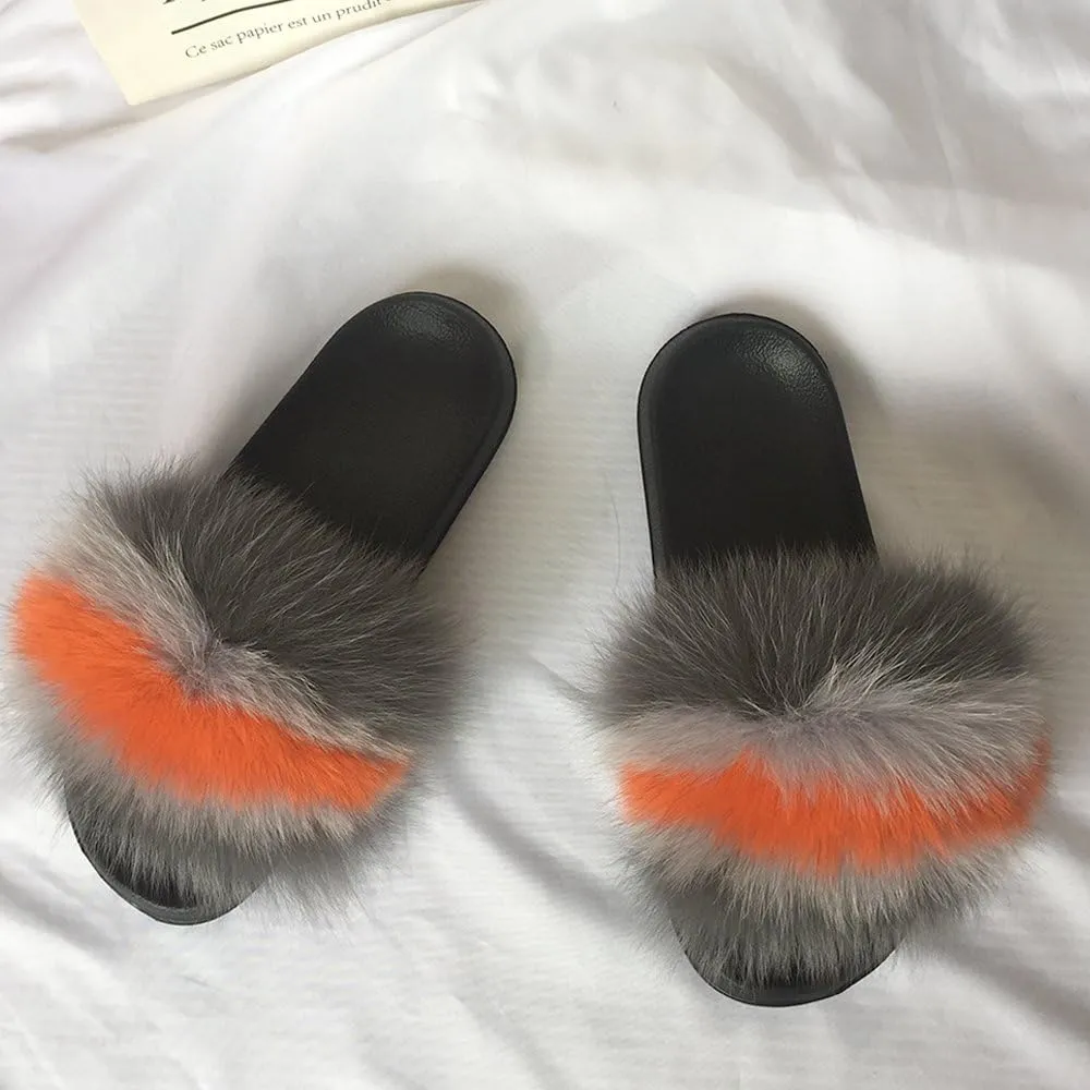 Yu Li Women Real Fox Fur Feather Vegan Leather Open Toe Single Strap Slip On Sandal