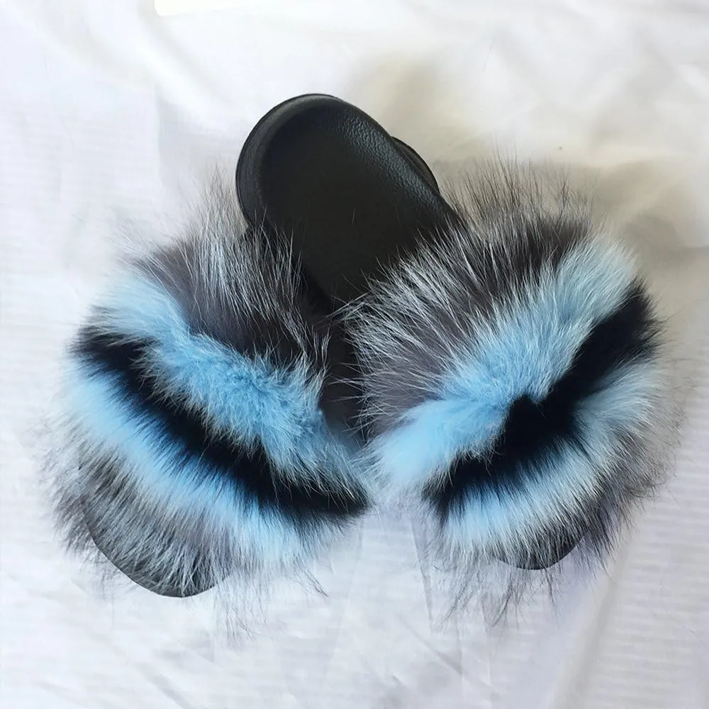 Yu Li Women Real Fox Fur Feather Vegan Leather Open Toe Single Strap Slip On Sandal