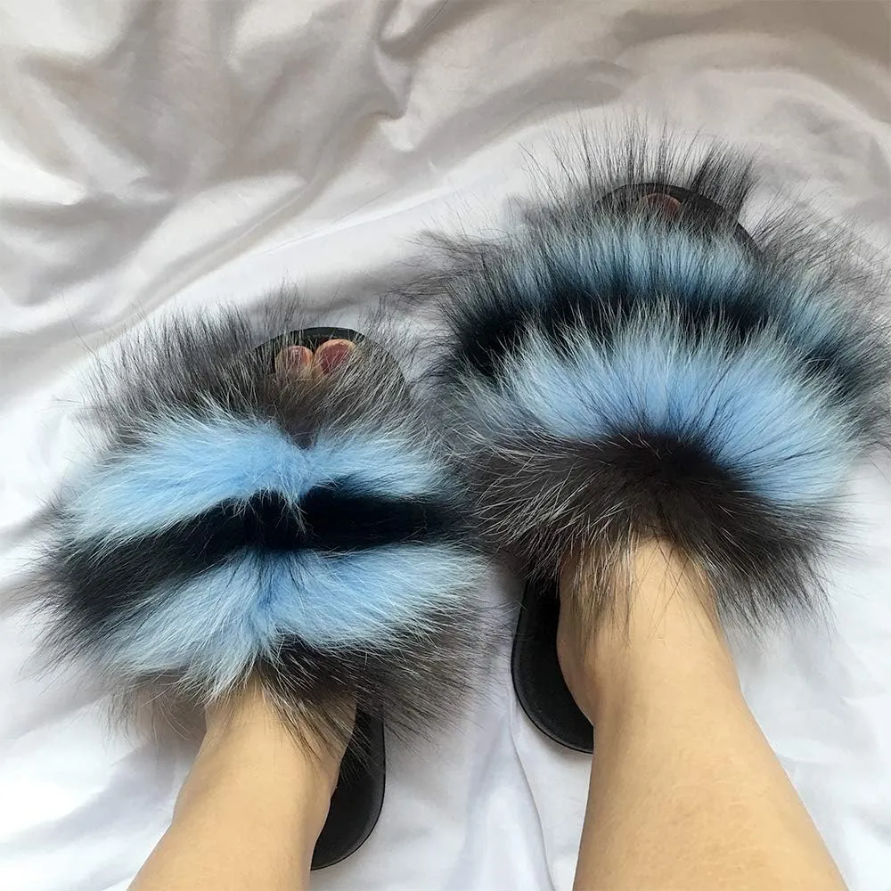 Yu Li Women Real Fox Fur Feather Vegan Leather Open Toe Single Strap Slip On Sandal