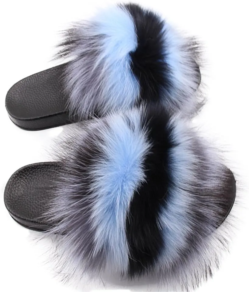 Yu Li Women Real Fox Fur Feather Vegan Leather Open Toe Single Strap Slip On Sandal