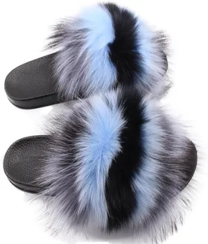 Yu Li Women Real Fox Fur Feather Vegan Leather Open Toe Single Strap Slip On Sandal