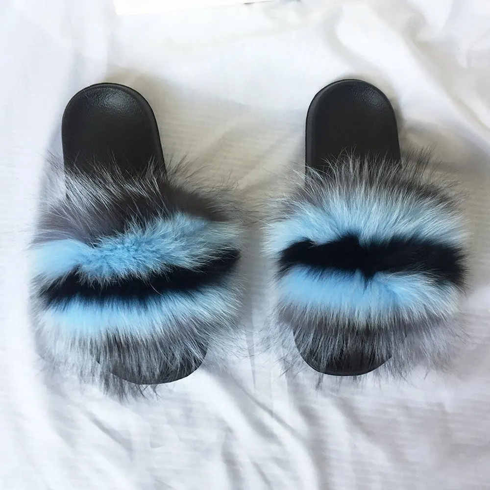 Yu Li Women Real Fox Fur Feather Vegan Leather Open Toe Single Strap Slip On Sandal