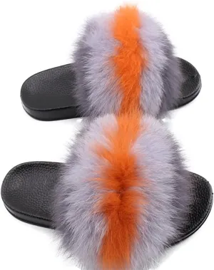 Yu Li Women Real Fox Fur Feather Vegan Leather Open Toe Single Strap Slip On Sandal