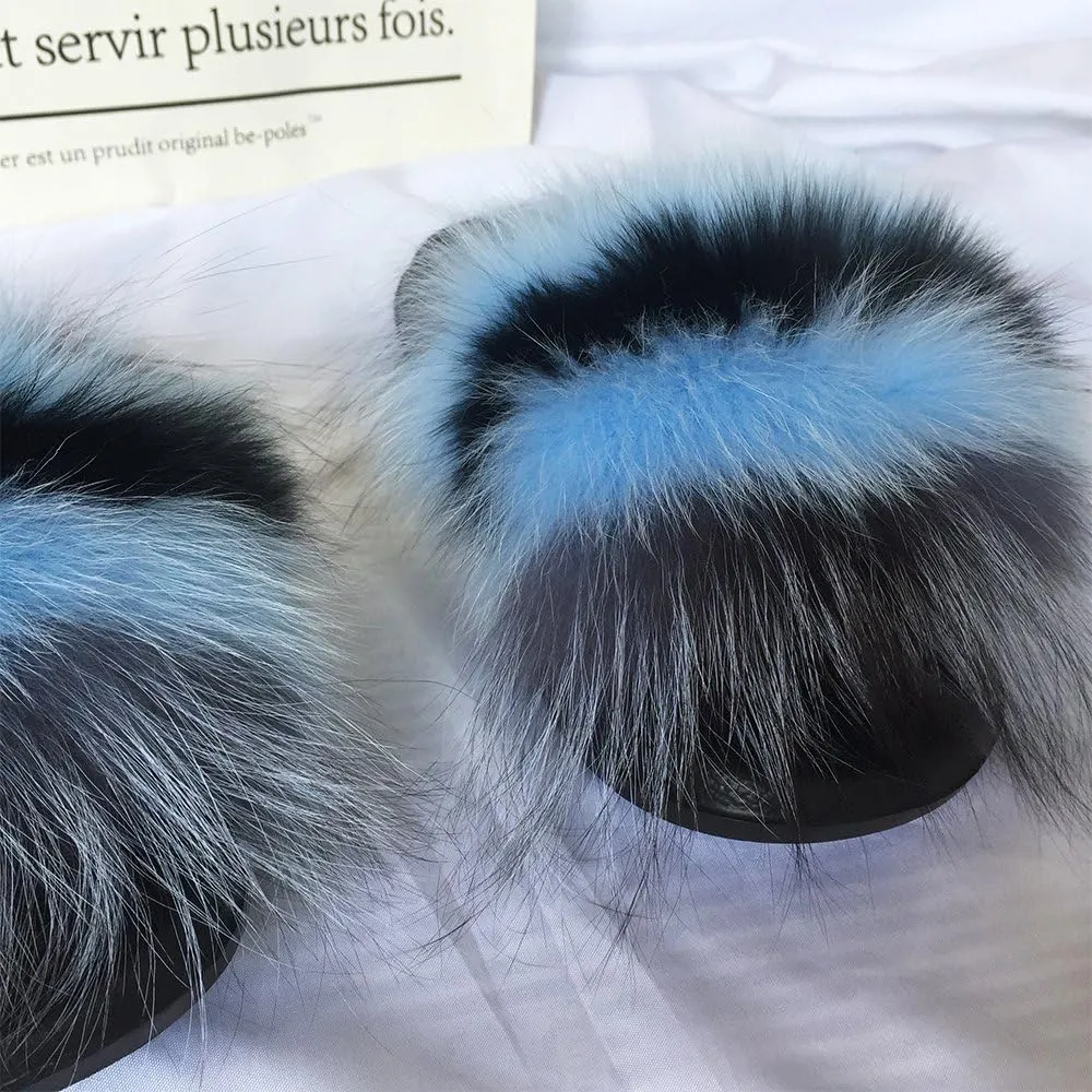 Yu Li Women Real Fox Fur Feather Vegan Leather Open Toe Single Strap Slip On Sandal
